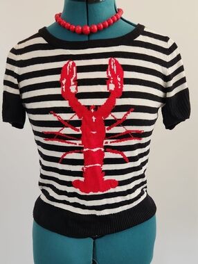 🦞 Hell Bunny Black & White Striped Top with Red Lobster Motif SZ M